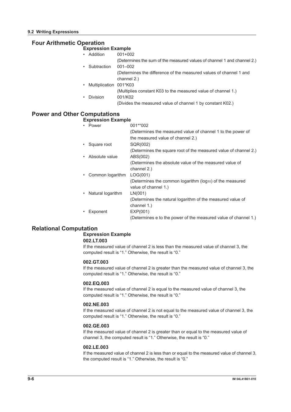 Four arithmetic operation, Power and other computations, Relational computation | Yokogawa Removable Chassis DX1000N User Manual | Page 250 / 334