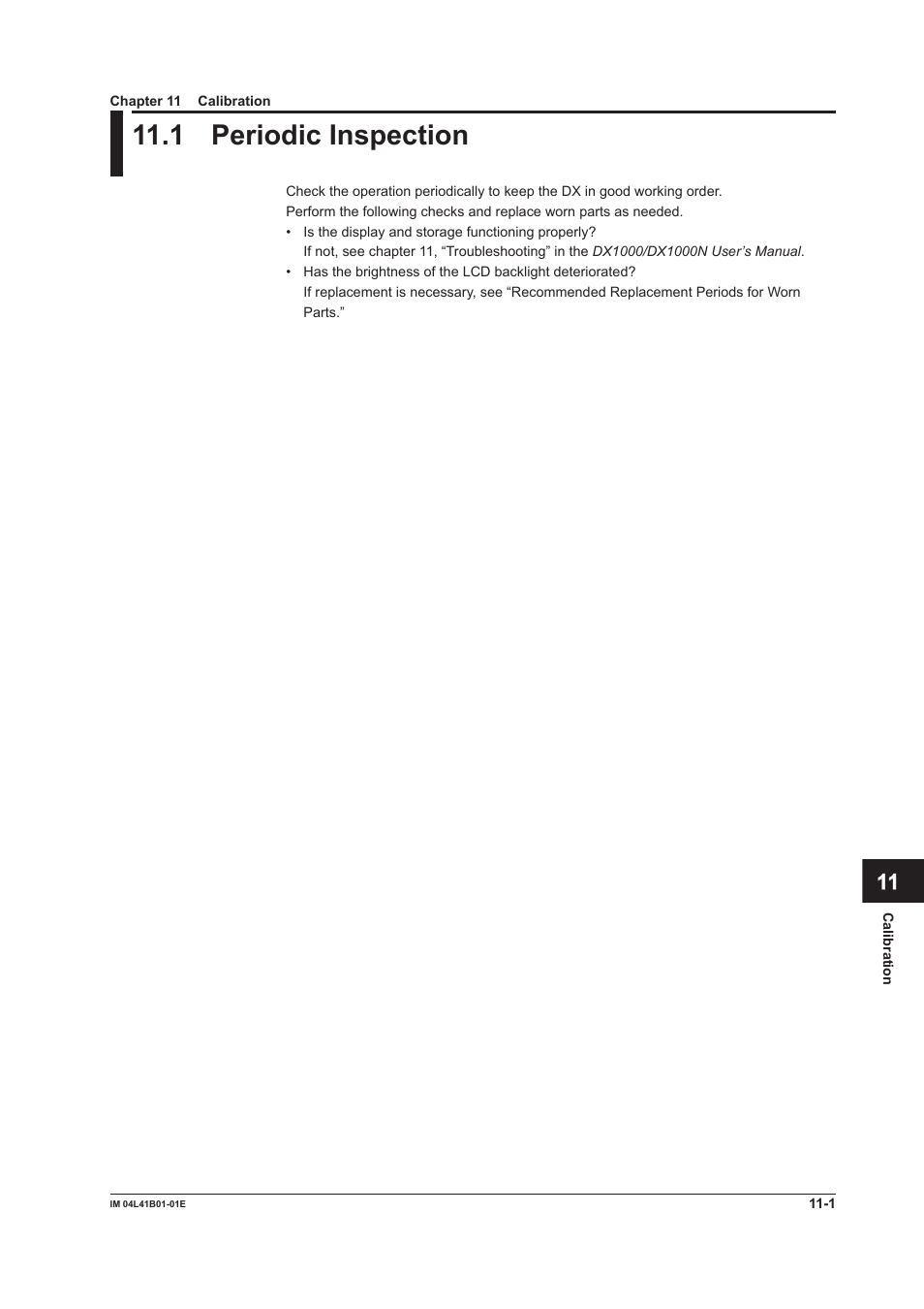 Chapter 11 calibration, 1 periodic inspection, 1 periodic inspection -1 | Yokogawa Removable Chassis DX1000N User Manual | Page 291 / 334