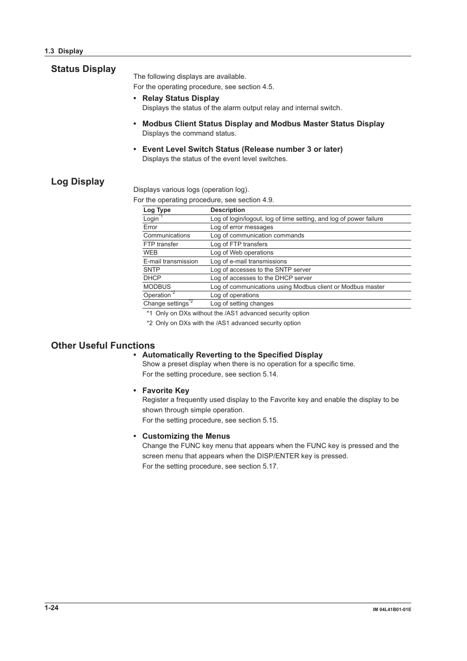 Status display, Log display, Other useful functions | Yokogawa Removable Chassis DX1000N User Manual | Page 35 / 334