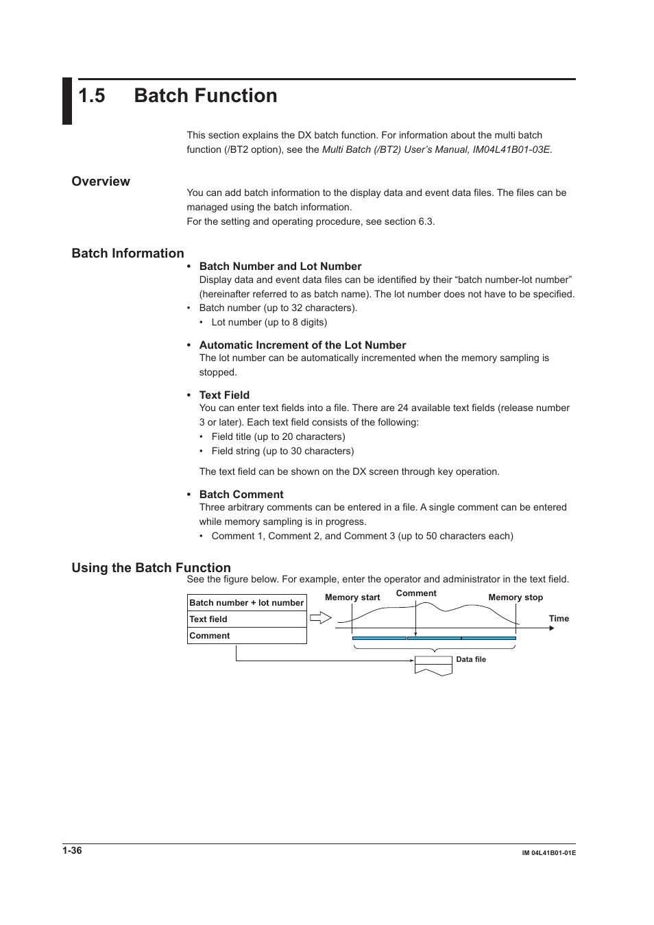 5 batch function, 5 batch function -36, Overview | Batch information, Using the batch function | Yokogawa Removable Chassis DX1000N User Manual | Page 47 / 334