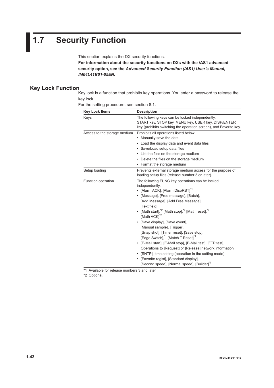 7 security function, 7 security function -42, Key lock function | Yokogawa Removable Chassis DX1000N User Manual | Page 53 / 334