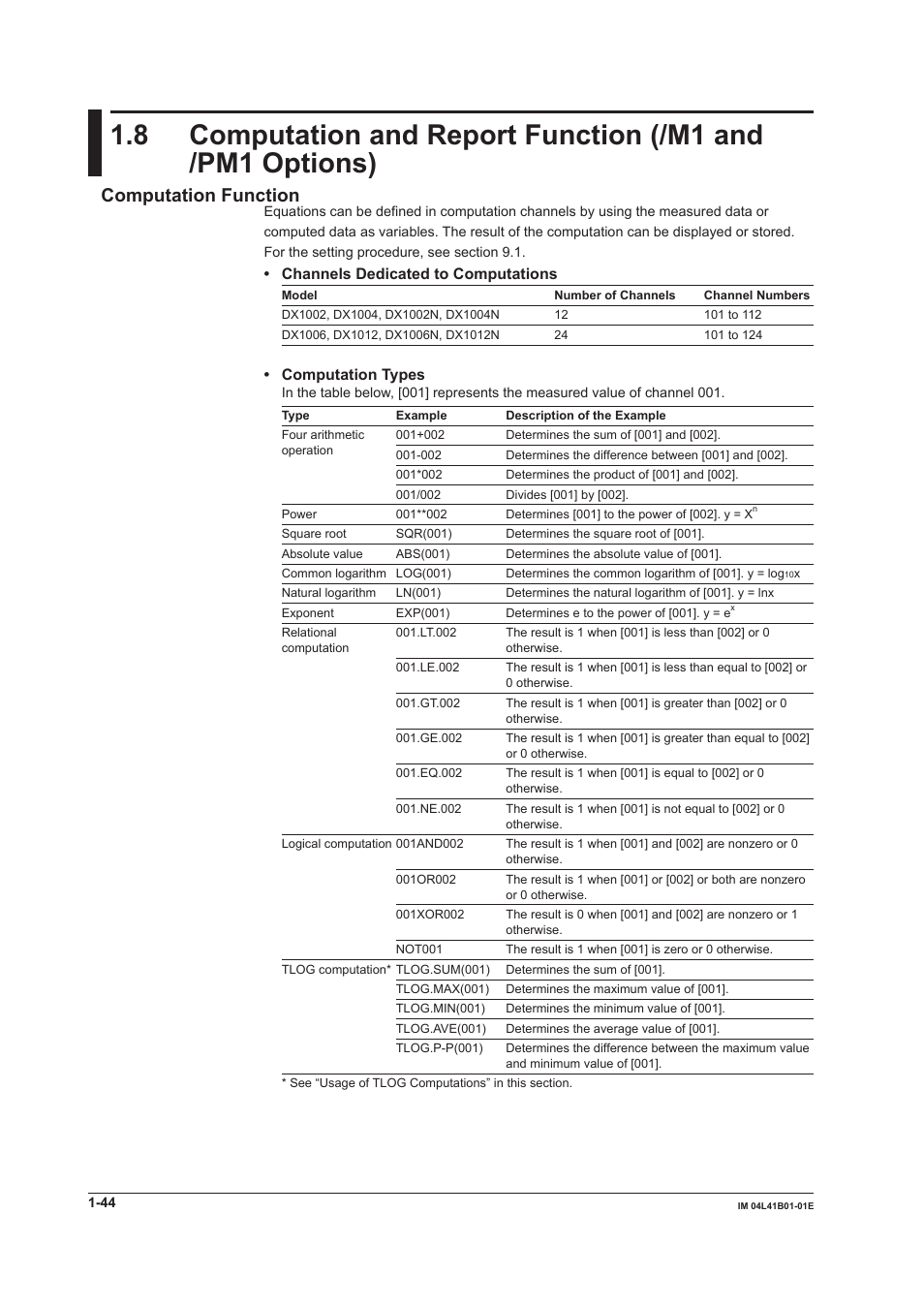 Computation function, Channels dedicated to computations, Computation types | Yokogawa Removable Chassis DX1000N User Manual | Page 55 / 334