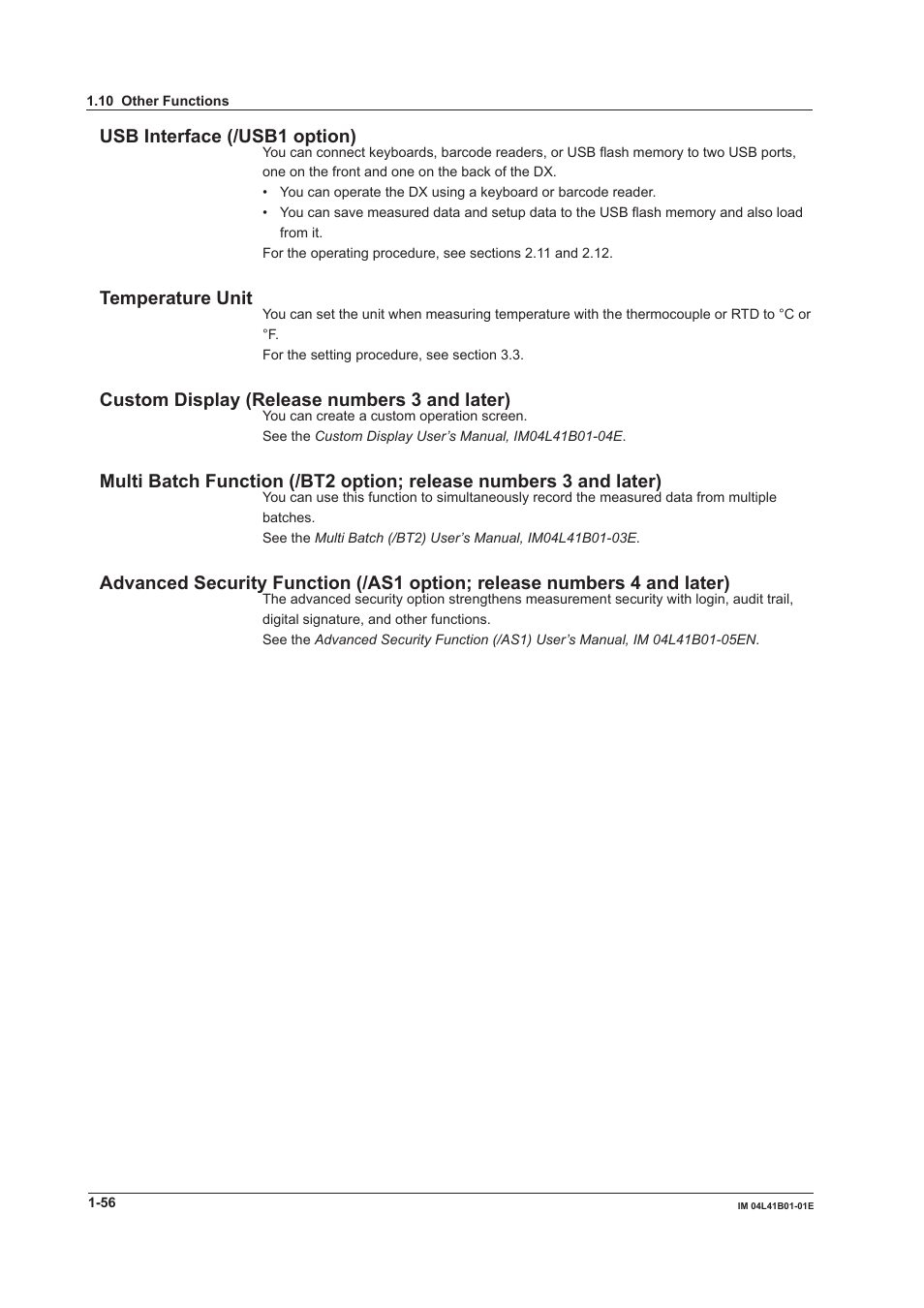 Usb interface (/usb1 option), Temperature unit, Custom display (release numbers 3 and later) | Yokogawa Removable Chassis DX1000N User Manual | Page 67 / 334