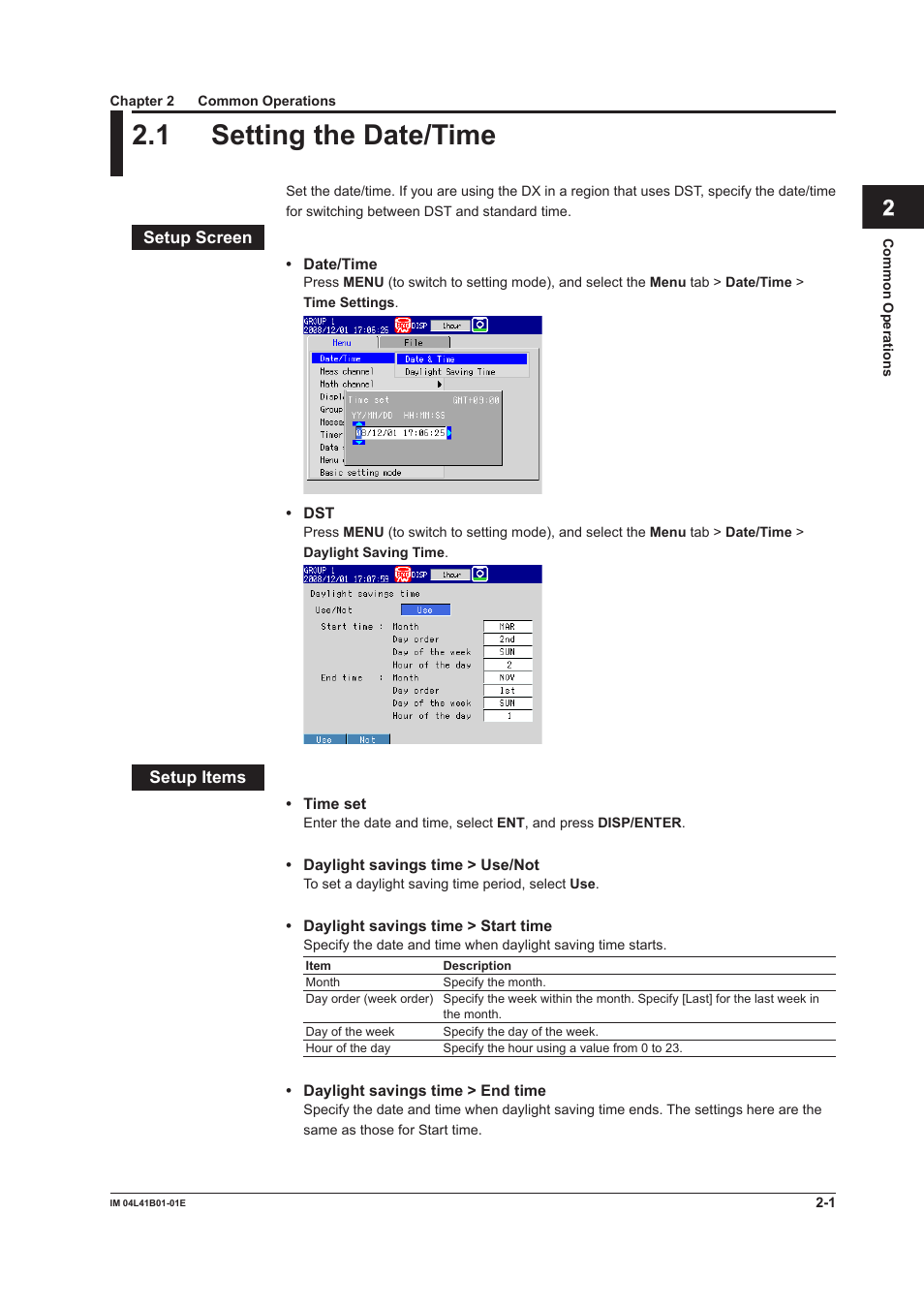 Chapter 2 common operations, 1 setting the date/time, 1 setting the date/time -1 | Yokogawa Removable Chassis DX1000N User Manual | Page 68 / 334