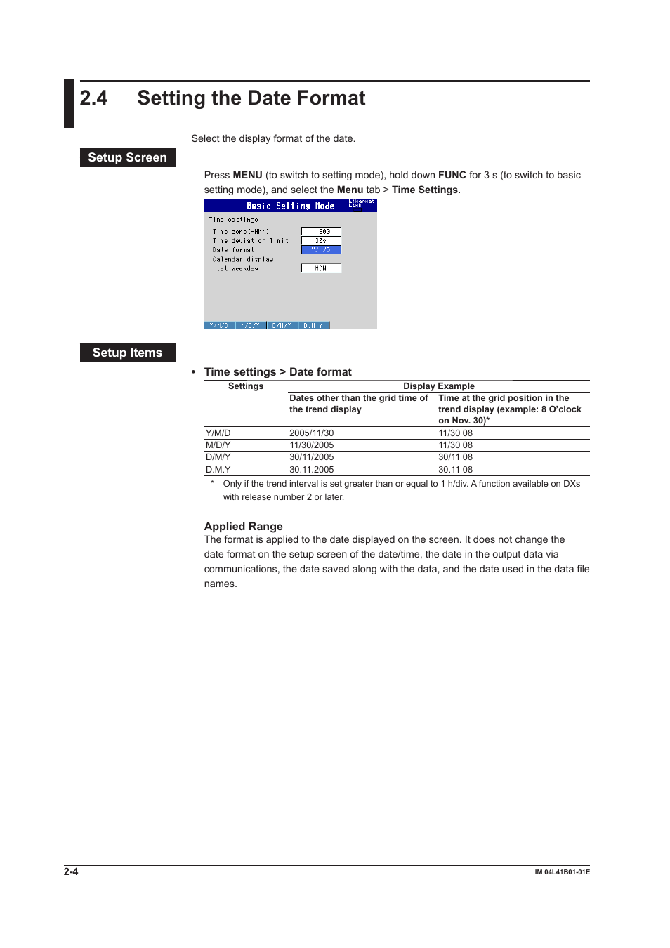 4 setting the date format, 4 setting the date format -4, Setup screen | Setup items | Yokogawa Removable Chassis DX1000N User Manual | Page 71 / 334