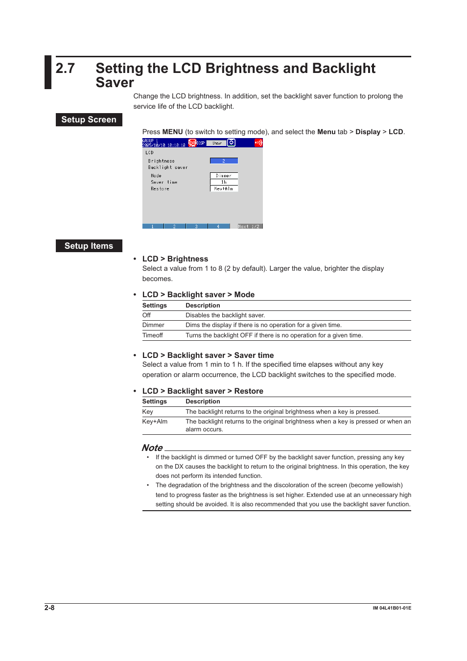 7 setting the lcd brightness and backlight saver | Yokogawa Removable Chassis DX1000N User Manual | Page 75 / 334