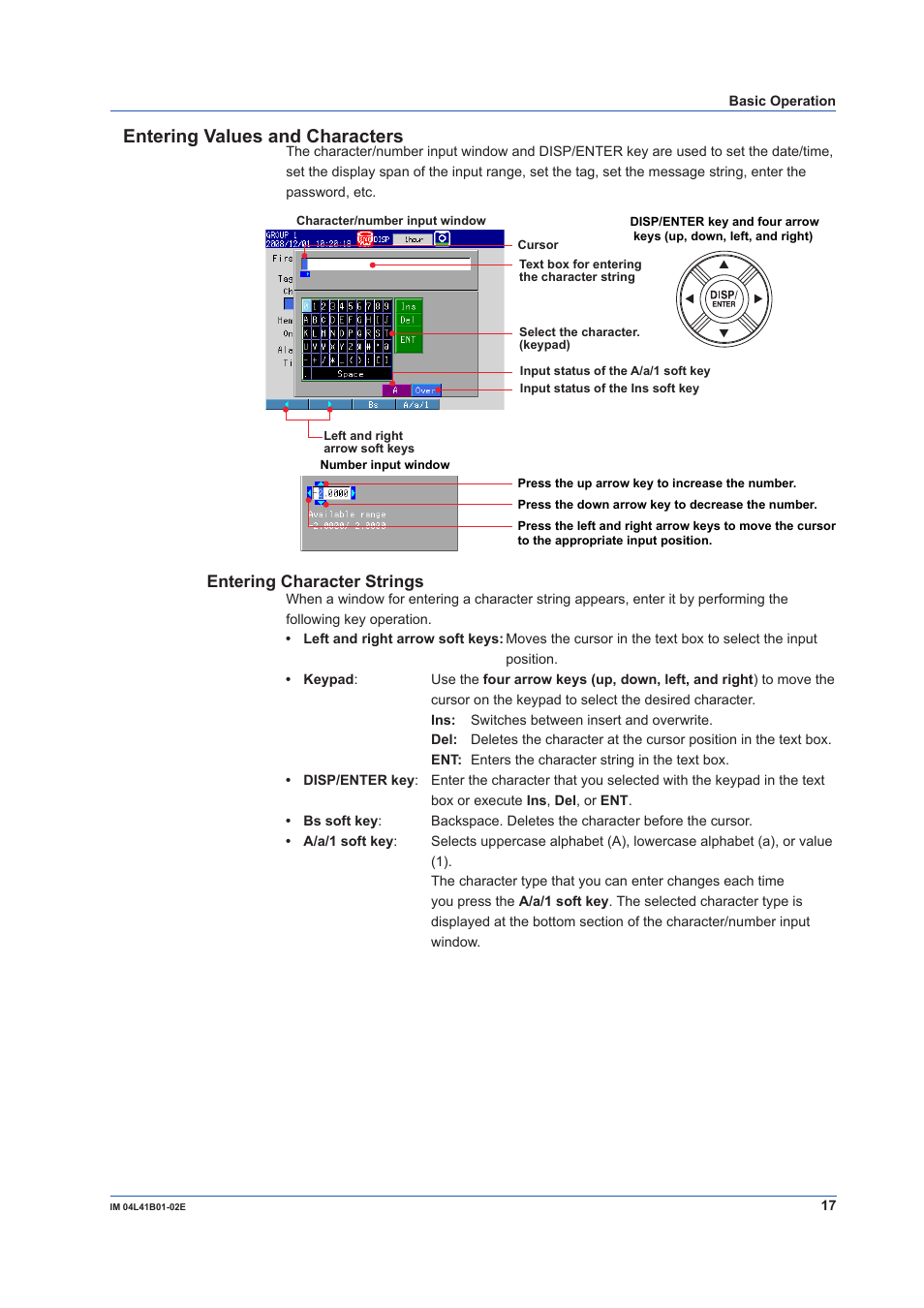 Entering values and characters, Entering character strings | Yokogawa Removable Chassis DX1000N User Manual | Page 19 / 92