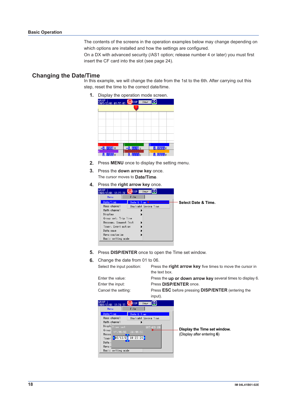 Changing the date/time | Yokogawa Removable Chassis DX1000N User Manual | Page 20 / 92