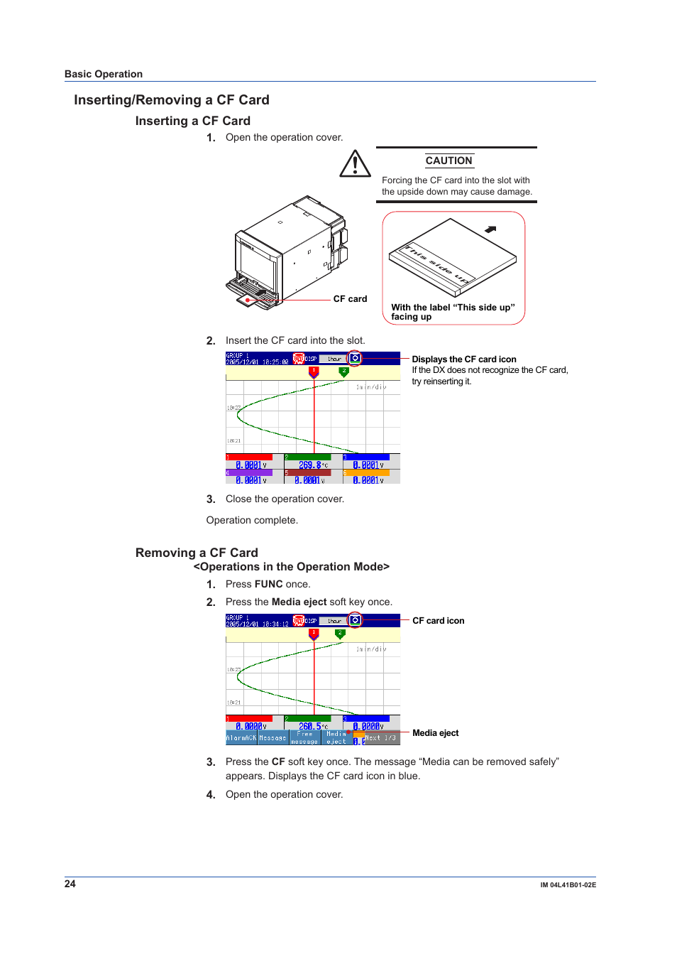 Inserting/removing a cf card | Yokogawa Removable Chassis DX1000N User Manual | Page 26 / 92