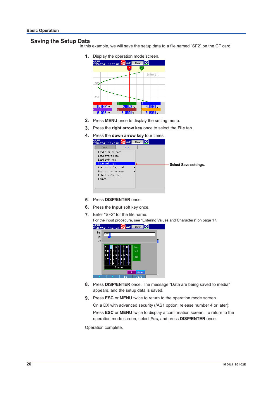 Saving the setup data | Yokogawa Removable Chassis DX1000N User Manual | Page 28 / 92