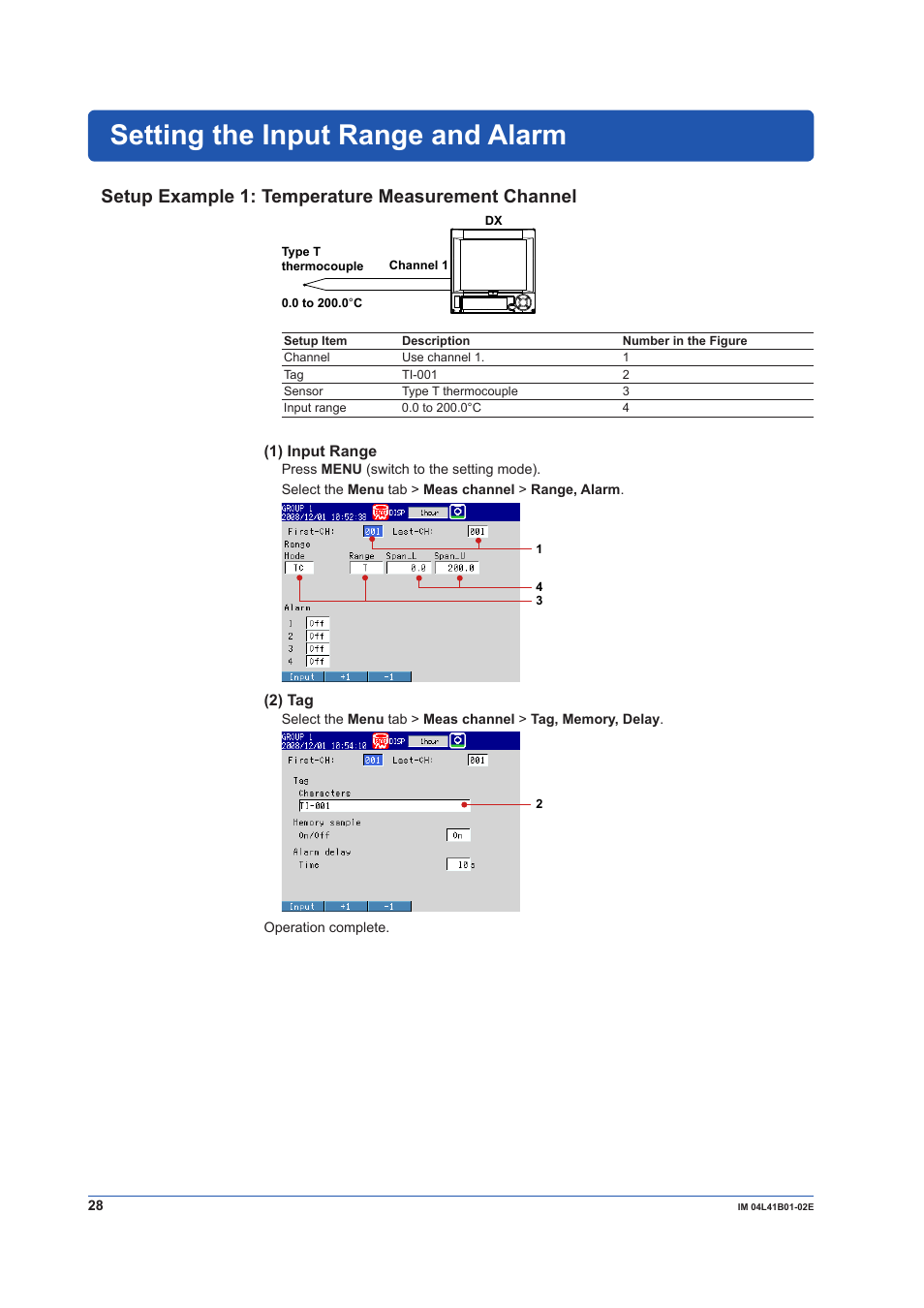 Setting the input range and alarm, Setup example 1: temperature measurement channel | Yokogawa Removable Chassis DX1000N User Manual | Page 30 / 92