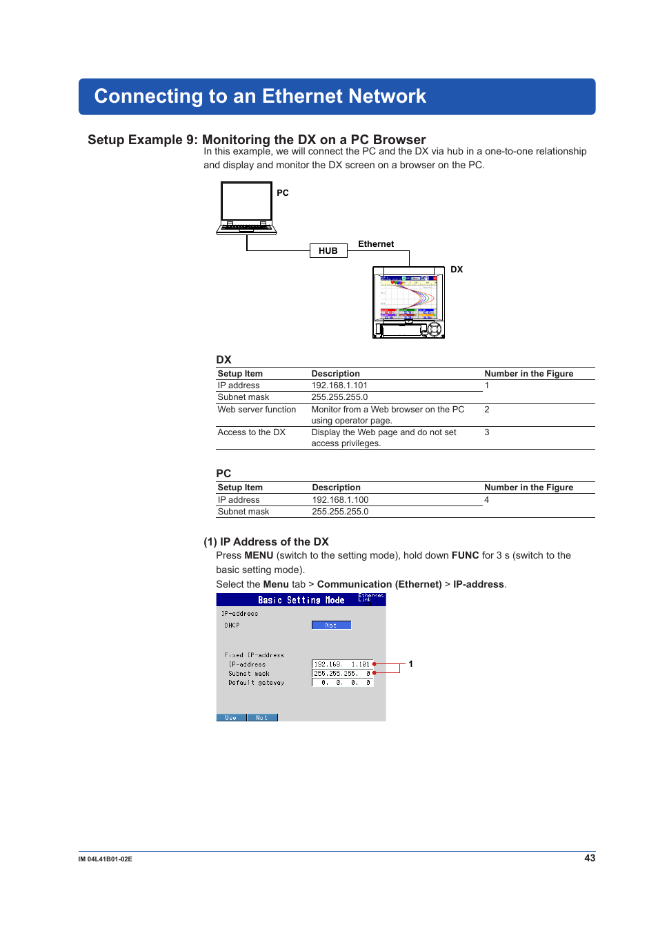 Connecting to an ethernet network, Setup example 9: monitoring the dx on a pc browser | Yokogawa Removable Chassis DX1000N User Manual | Page 45 / 92