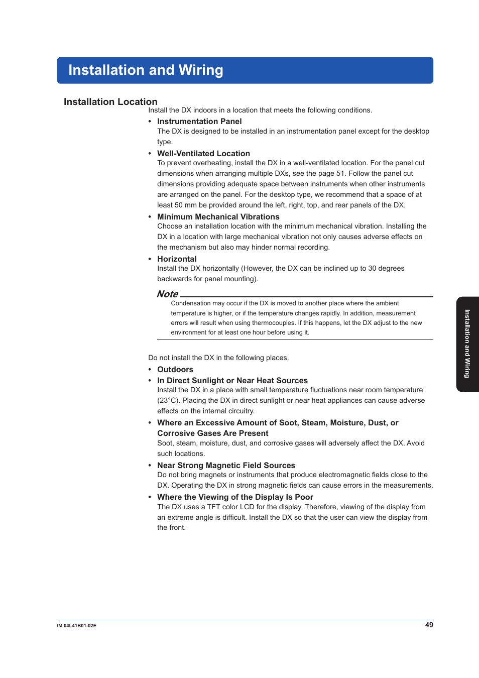 Installation and wiring, Installation location | Yokogawa Removable Chassis DX1000N User Manual | Page 51 / 92