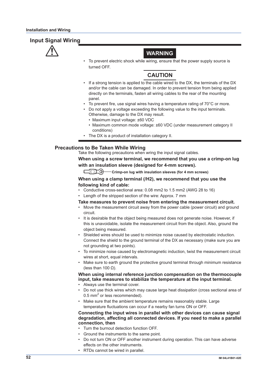 Input signal wiring, Input signal wiring warning, Caution | Yokogawa Removable Chassis DX1000N User Manual | Page 54 / 92