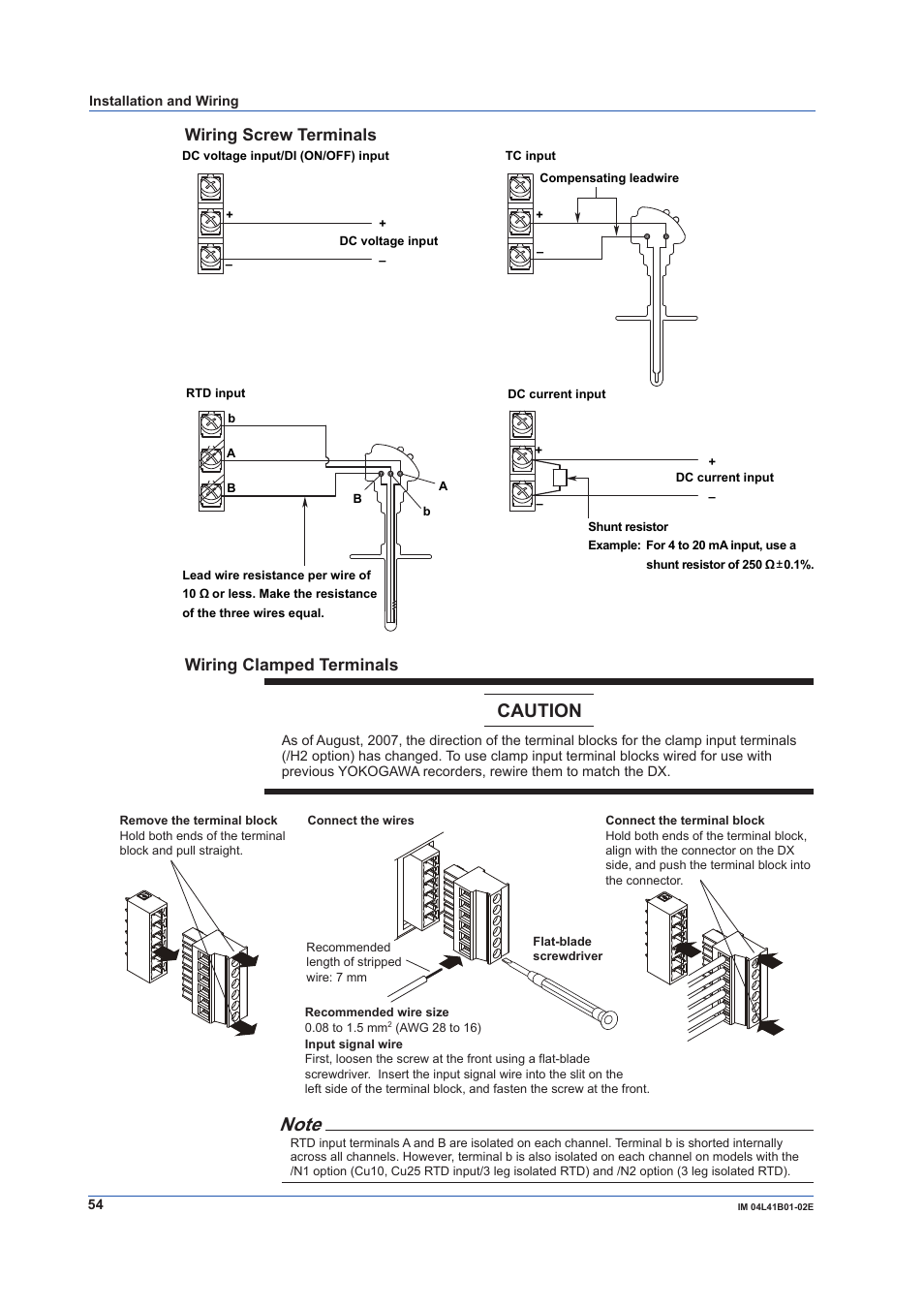 Caution, Wiring screw terminals, Wiring clamped terminals | Yokogawa Removable Chassis DX1000N User Manual | Page 56 / 92