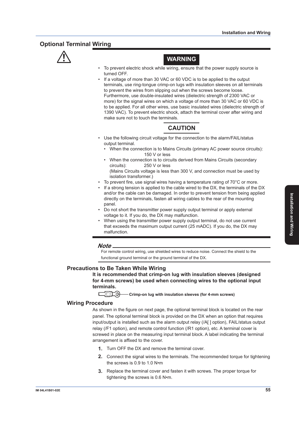 Optional terminal wiring, Optional terminal wiring warning, Caution | Yokogawa Removable Chassis DX1000N User Manual | Page 57 / 92