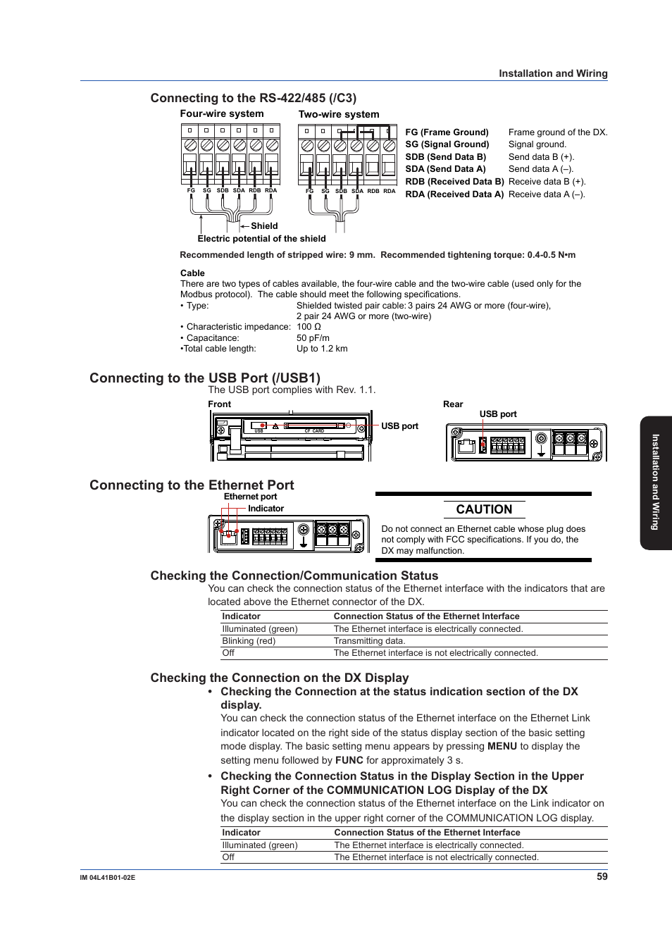 Connecting to the usb port (/usb1), Connecting to the ethernet port, Checking the connection on the dx display | Yokogawa Removable Chassis DX1000N User Manual | Page 61 / 92