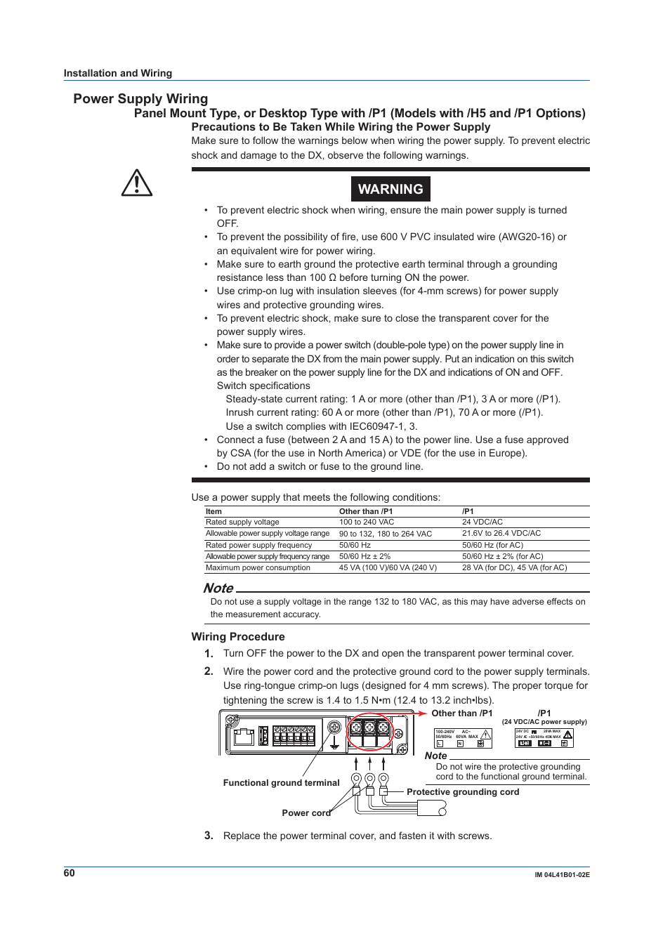 Power supply wiring, Warning | Yokogawa Removable Chassis DX1000N User Manual | Page 62 / 92