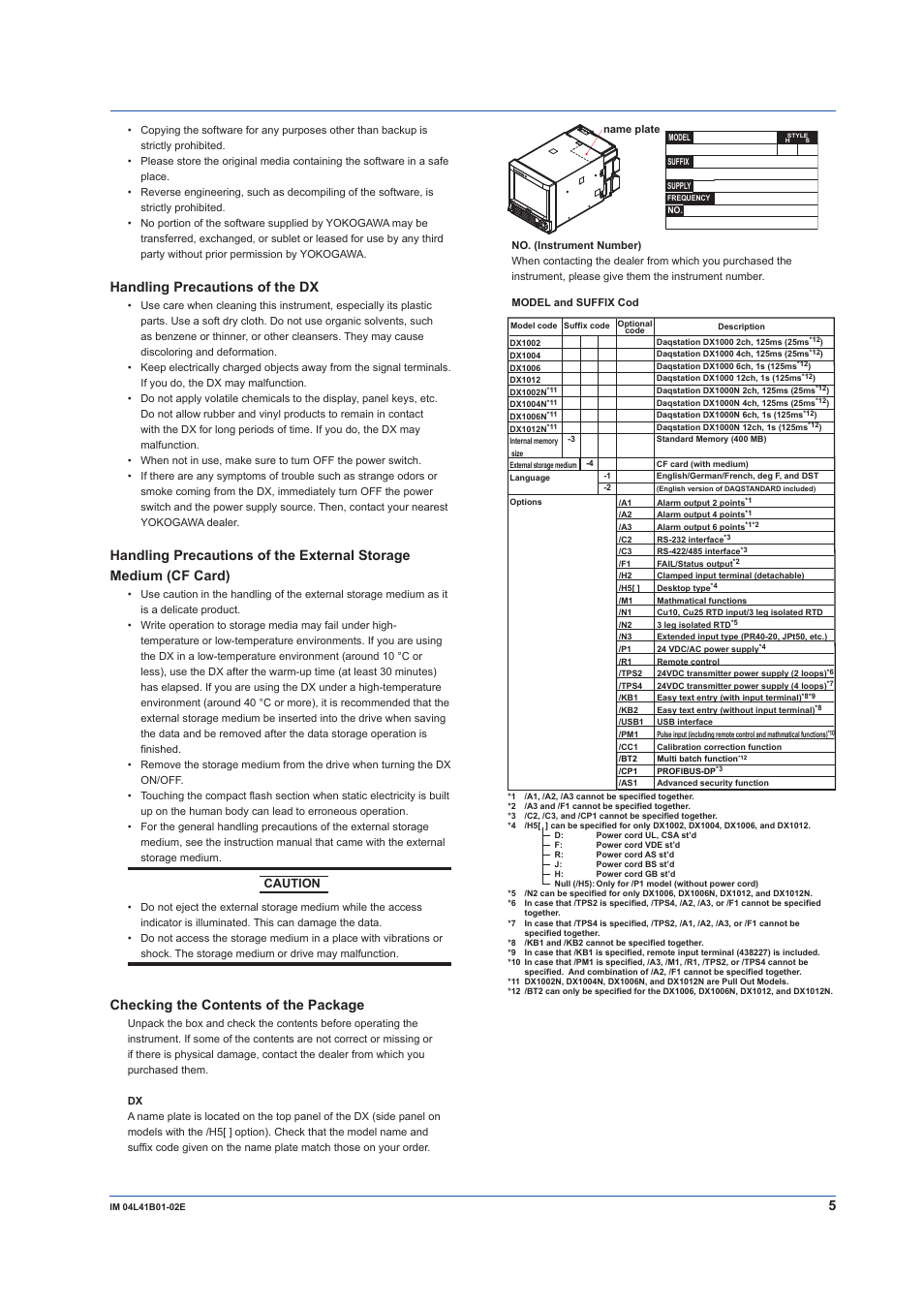 Handling precautions of the dx, Checking the contents of the package | Yokogawa Removable Chassis DX1000N User Manual | Page 7 / 92