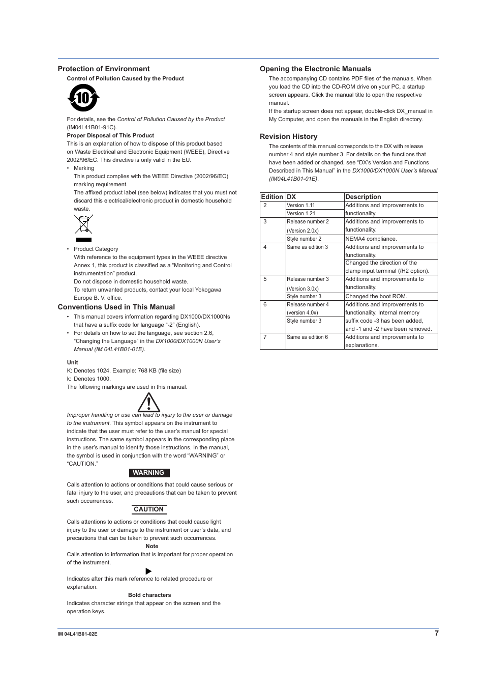 Protection of environment, Conventions used in this manual, Opening the electronic manuals | Revision history | Yokogawa Removable Chassis DX1000N User Manual | Page 9 / 92