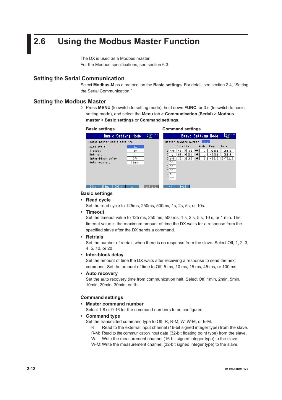 6 using the modbus master function, 6 using the modbus master function -12, Setting the serial communication | Setting the modbus master | Yokogawa Removable Chassis DX1000N User Manual | Page 106 / 261