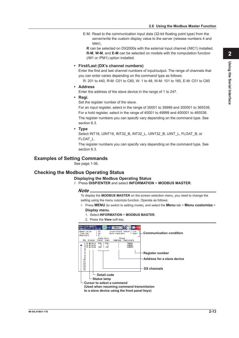 App index, Examples of setting commands, Checking the modbus operating status | Yokogawa Removable Chassis DX1000N User Manual | Page 107 / 261