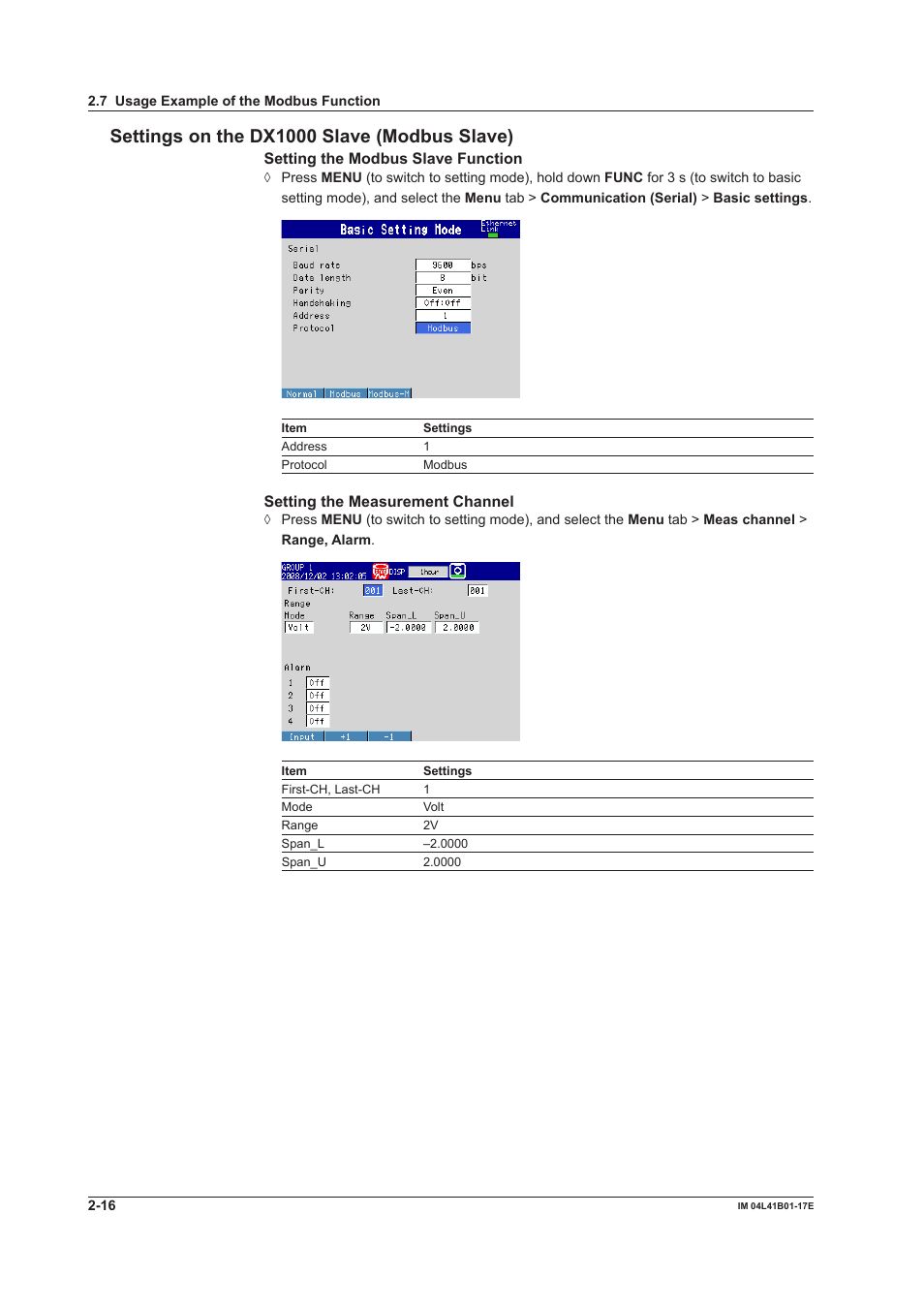 Settings on the dx1000 slave (modbus slave) | Yokogawa Removable Chassis DX1000N User Manual | Page 110 / 261