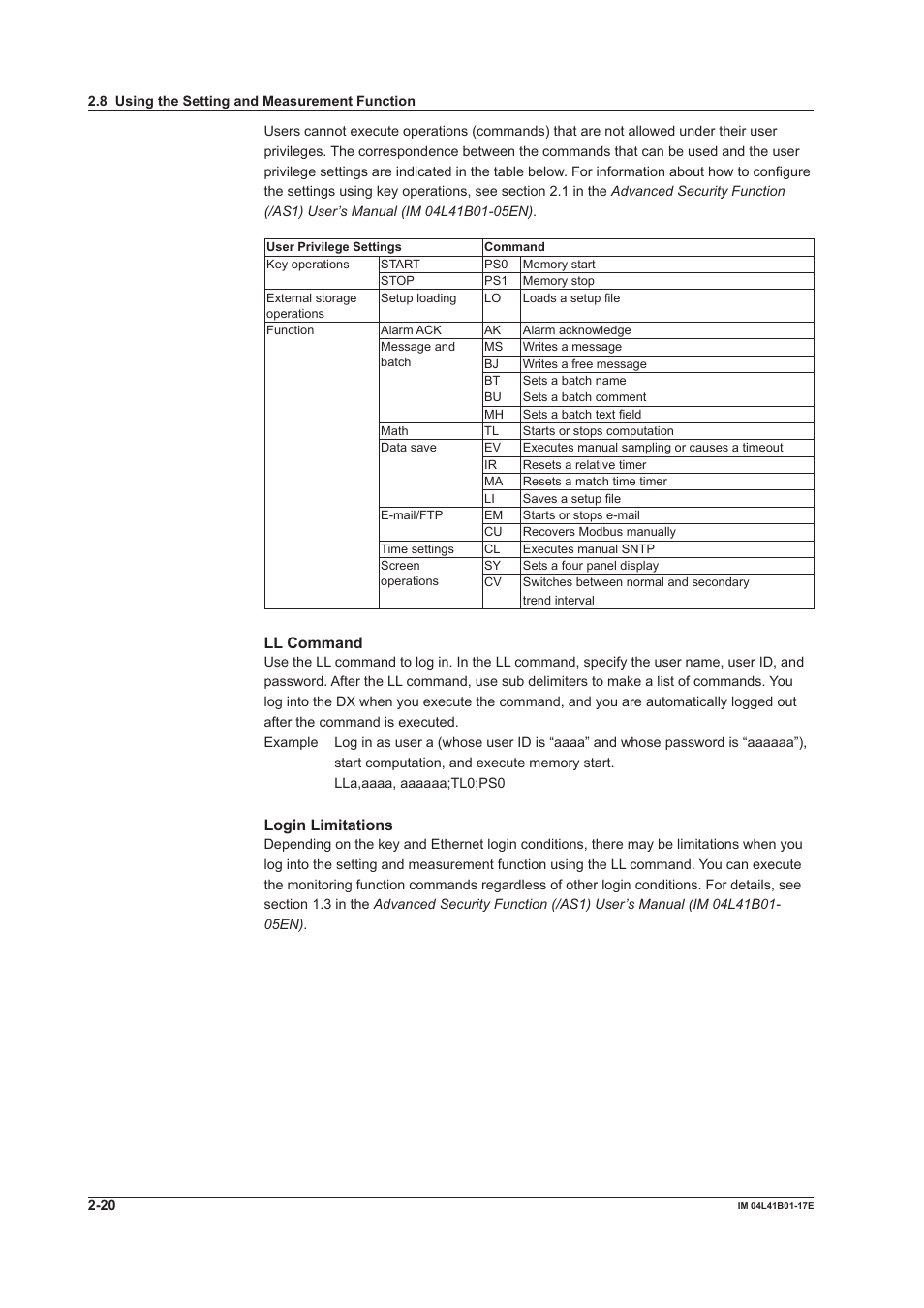 Ll command, Login limitations | Yokogawa Removable Chassis DX1000N User Manual | Page 114 / 261