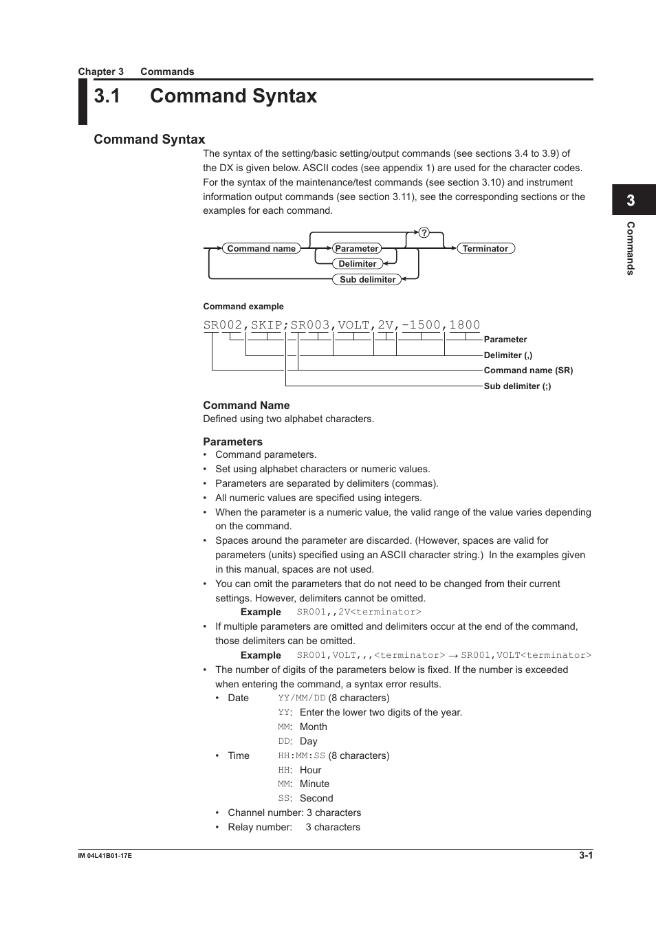 Chapter 3 commands, 1 command syntax, 1 command syntax -1 | App index, Command syntax | Yokogawa Removable Chassis DX1000N User Manual | Page 118 / 261