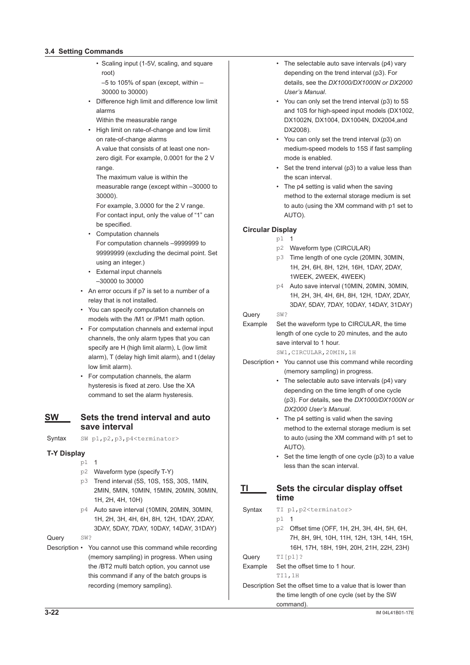 Sw sets the trend interval and auto save interval, Ti sets the circular display offset time | Yokogawa Removable Chassis DX1000N User Manual | Page 139 / 261