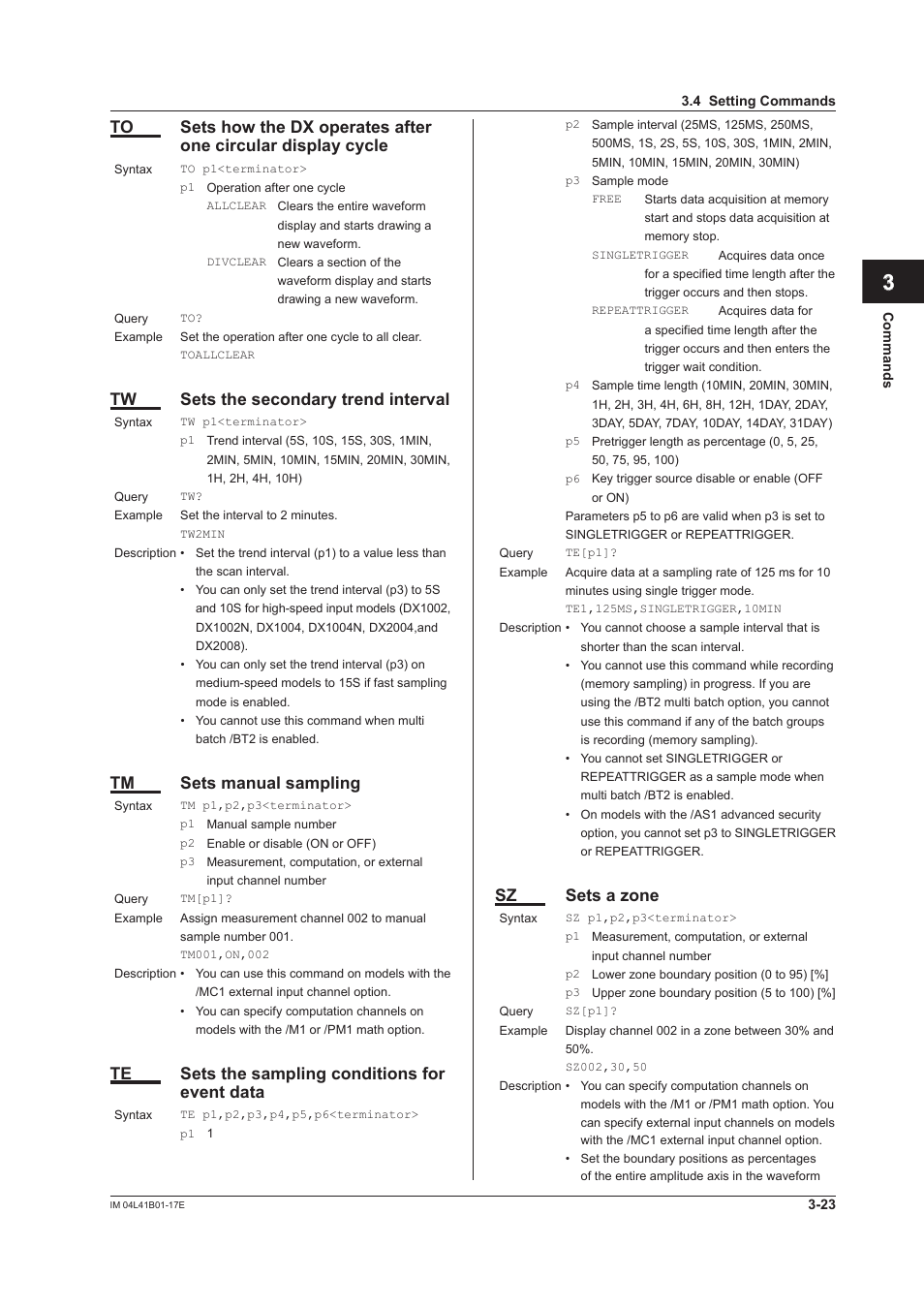 App index, Tw sets the secondary trend interval, Tm sets manual sampling | Te sets the sampling conditions for event data, Sz sets a zone | Yokogawa Removable Chassis DX1000N User Manual | Page 140 / 261