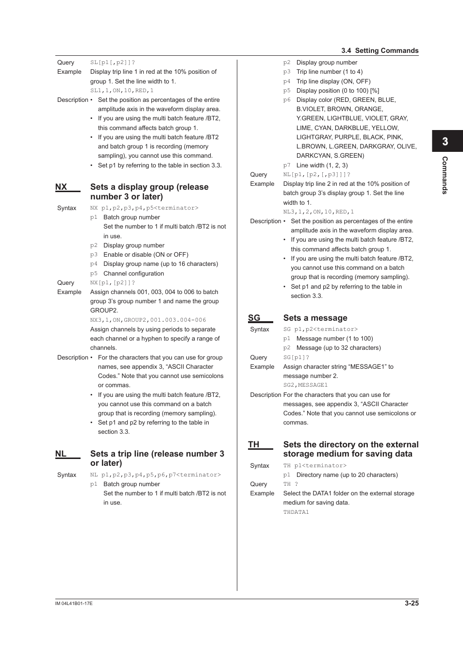 App index, Nl sets a trip line (release number 3 or later), Sg sets a message | Yokogawa Removable Chassis DX1000N User Manual | Page 142 / 261