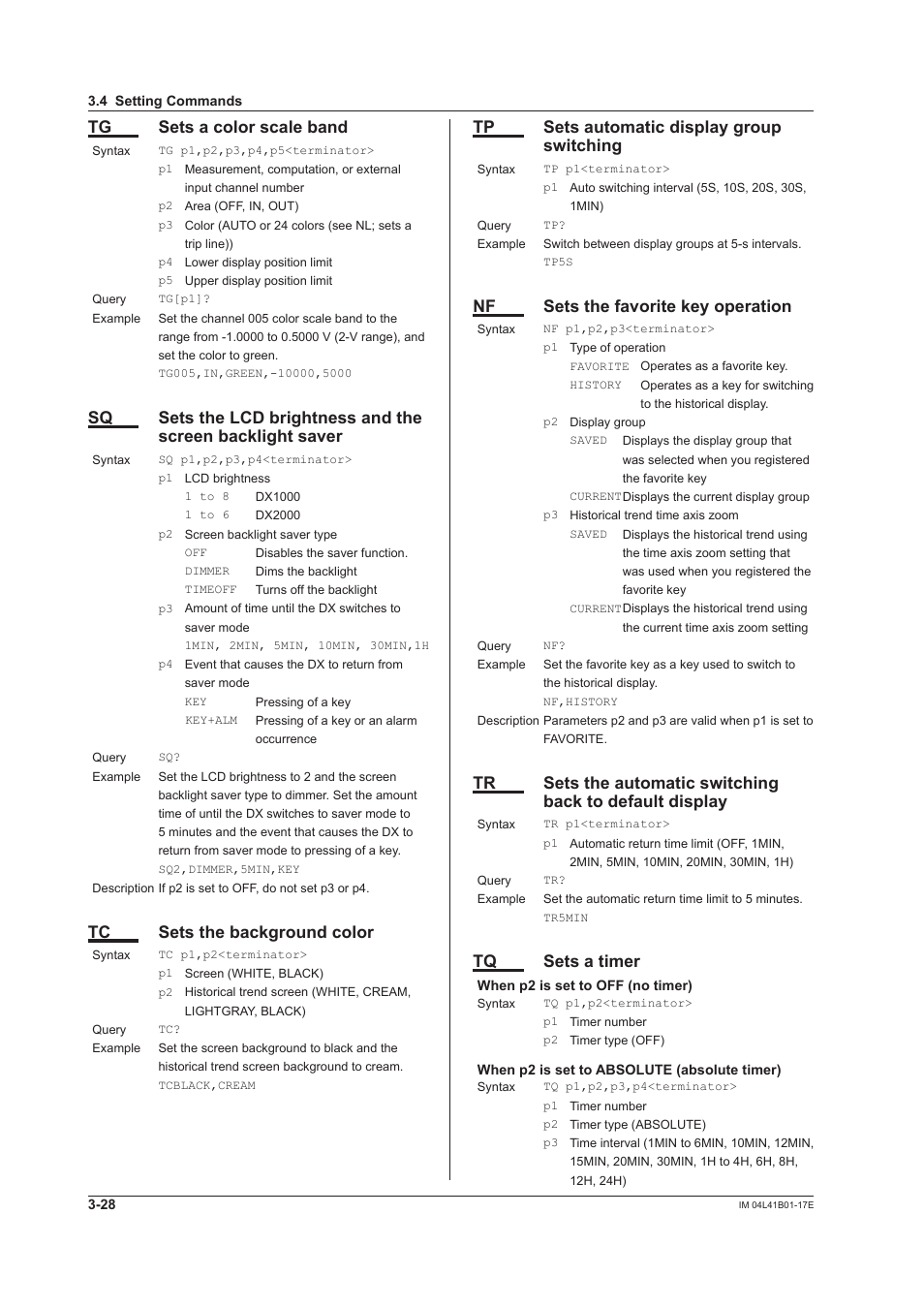 Tg sets a color scale band, Tc sets the background color, Tp sets automatic display group switching | Nf sets the favorite key operation, Tq sets a timer | Yokogawa Removable Chassis DX1000N User Manual | Page 145 / 261