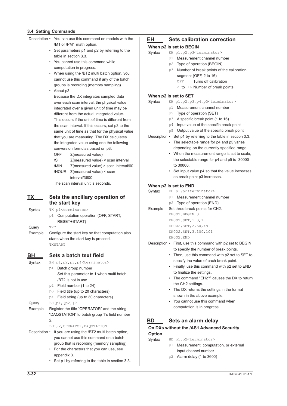 Tx sets the ancillary operation of the start key, Bh sets a batch text field, Eh sets calibration correction | Bd sets an alarm delay | Yokogawa Removable Chassis DX1000N User Manual | Page 149 / 261