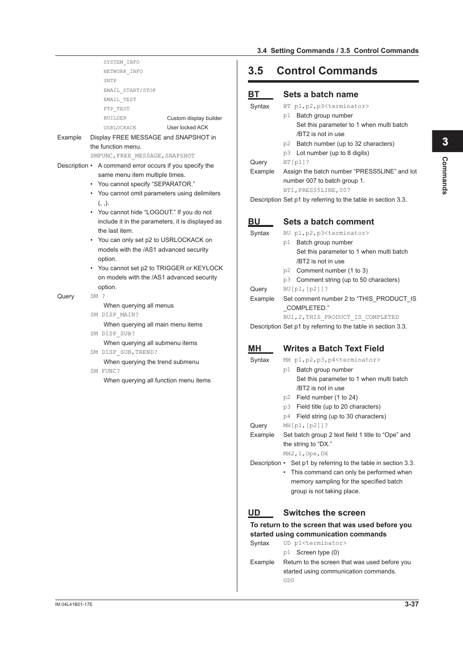 5 control commands, 5 control commands -37, App index | Bt sets a batch name, Bu sets a batch comment, Mh writes a batch text field, Ud switches the screen | Yokogawa Removable Chassis DX1000N User Manual | Page 154 / 261