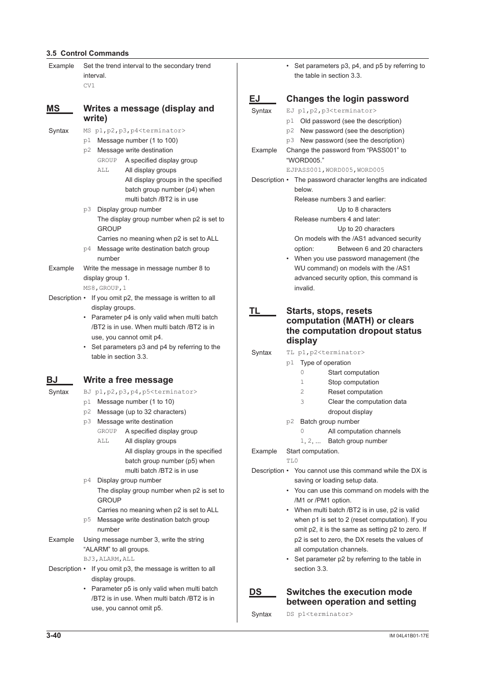 Ms writes a message (display and write), Bj write a free message, Ej changes the login password | Yokogawa Removable Chassis DX1000N User Manual | Page 157 / 261