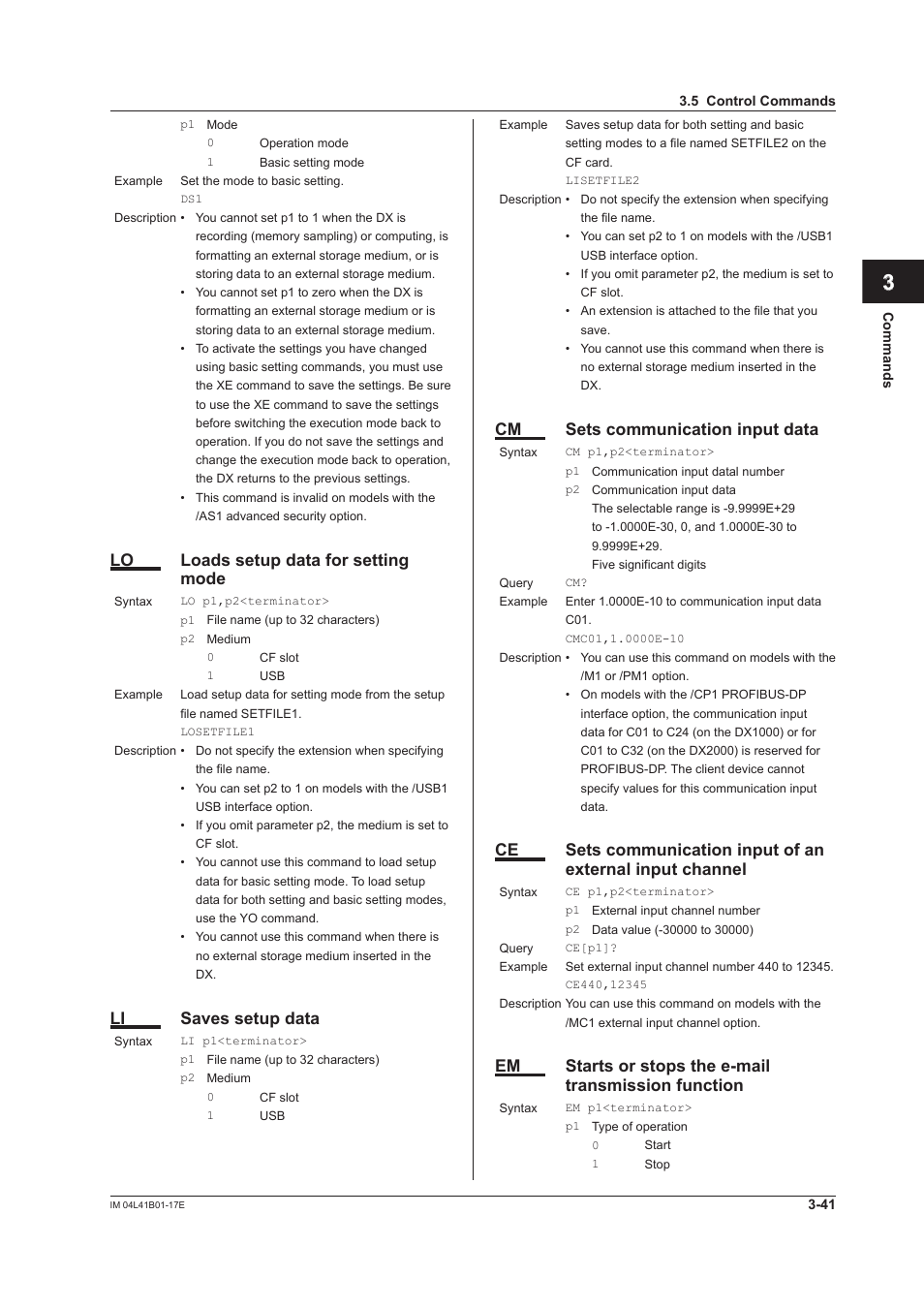 App index, Lo loads setup data for setting mode, Li saves setup data | Cm sets communication input data | Yokogawa Removable Chassis DX1000N User Manual | Page 158 / 261