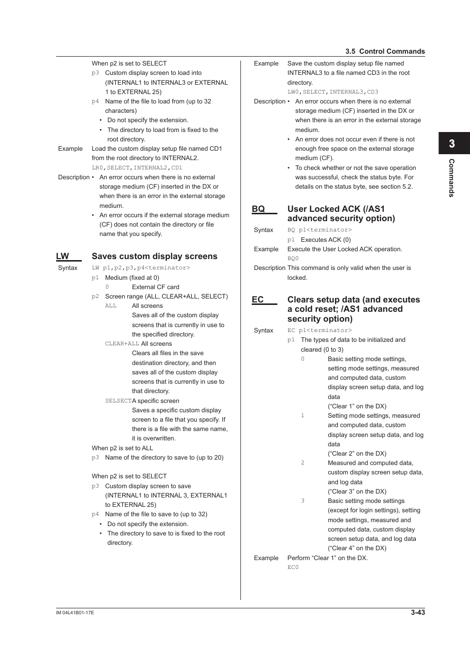 App index, Lw saves custom display screens, Bq user locked ack (/as1 advanced security option) | Yokogawa Removable Chassis DX1000N User Manual | Page 160 / 261