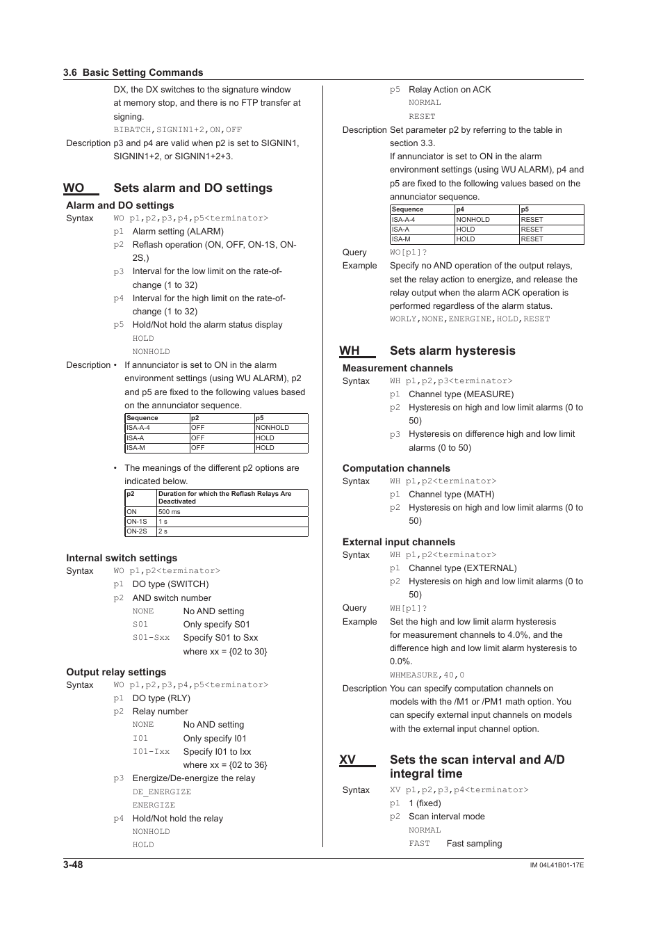 Wo sets alarm and do settings, Wh sets alarm hysteresis, Xv sets the scan interval and a/d integral time | Yokogawa Removable Chassis DX1000N User Manual | Page 165 / 261