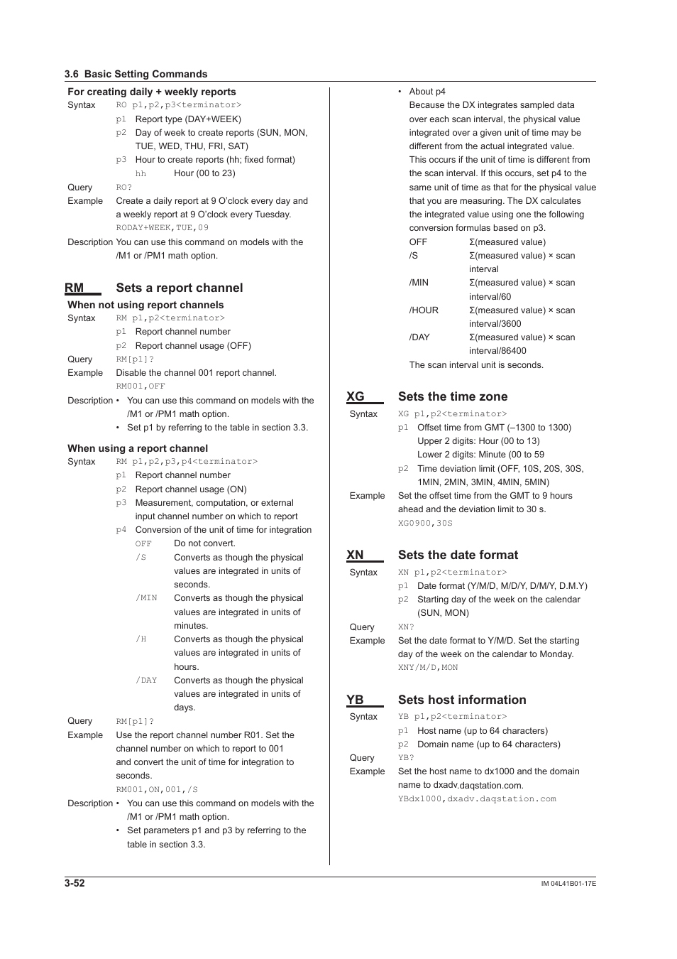 Rm sets a report channel, Xg sets the time zone, Xn sets the date format | Yb sets host information | Yokogawa Removable Chassis DX1000N User Manual | Page 169 / 261