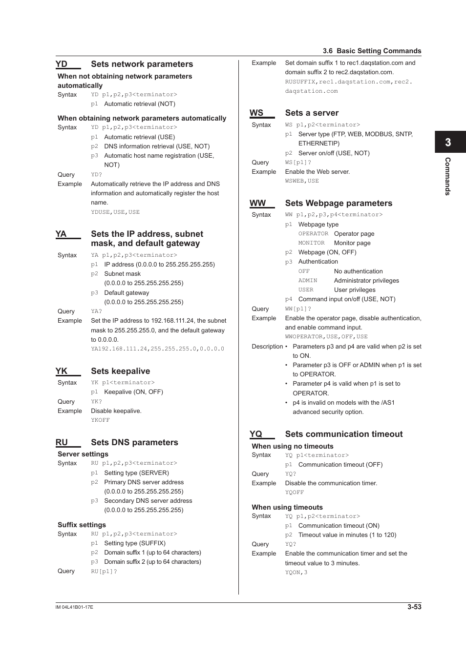 App index, Yd sets network parameters, Yk sets keepalive | Ru sets dns parameters, Ws sets a server, Ww sets webpage parameters, Yq sets communication timeout | Yokogawa Removable Chassis DX1000N User Manual | Page 170 / 261