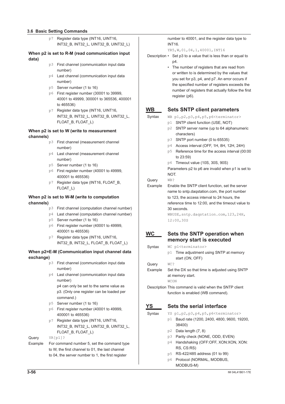 Wb sets sntp client parameters, Ys sets the serial interface | Yokogawa Removable Chassis DX1000N User Manual | Page 173 / 261