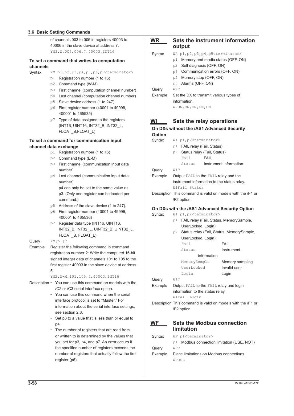 Wr sets the instrument information output, Wi sets the relay operations, Wf sets the modbus connection limitation | Yokogawa Removable Chassis DX1000N User Manual | Page 175 / 261