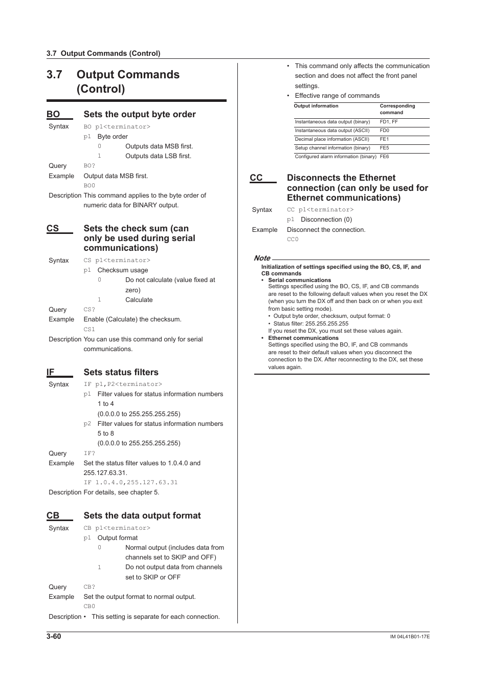 7 output commands (control), 7 output commands (control) -60, Bo sets the output byte order | If sets status filters, Cb sets the data output format | Yokogawa Removable Chassis DX1000N User Manual | Page 177 / 261