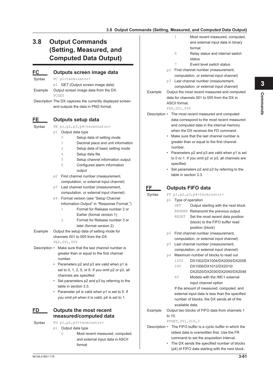 App index, Fc outputs screen image data, Fe outputs setup data | Fd outputs the most recent measured/computed data, Ff outputs fifo data | Yokogawa Removable Chassis DX1000N User Manual | Page 178 / 261