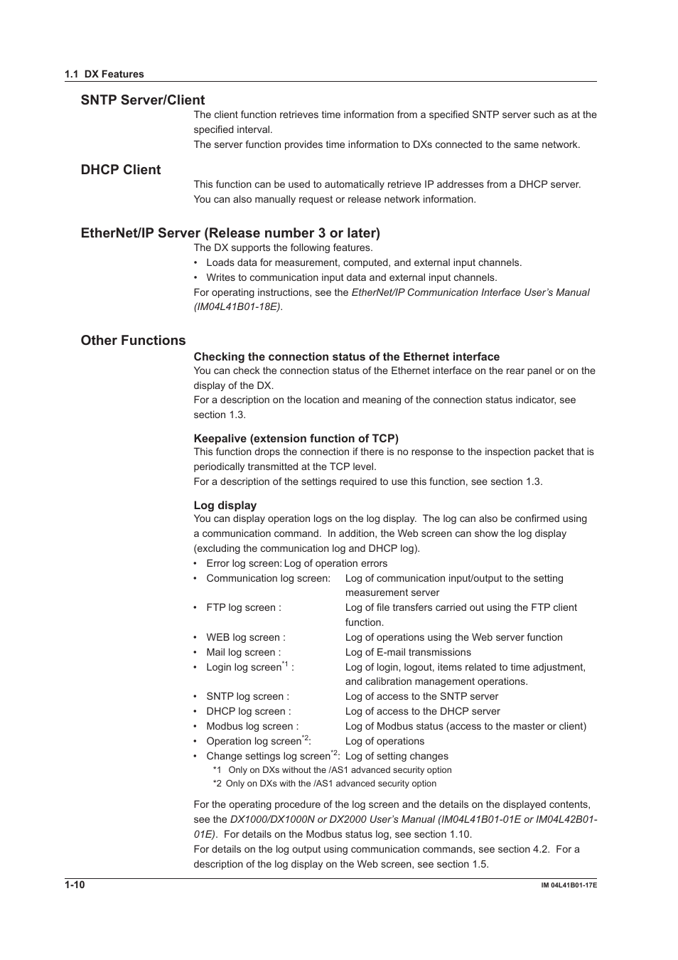 Sntp server/client, Dhcp client, Ethernet/ip server (release number 3 or later) | Other functions | Yokogawa Removable Chassis DX1000N User Manual | Page 18 / 261