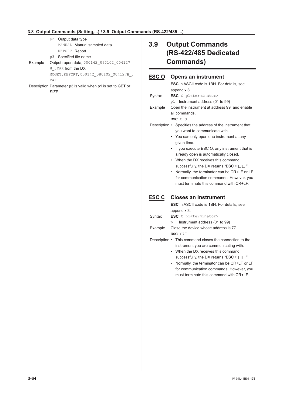 9 output commands (rs-422/485 dedicated commands), Esc o opens an instrument, Esc c closes an instrument | Yokogawa Removable Chassis DX1000N User Manual | Page 181 / 261