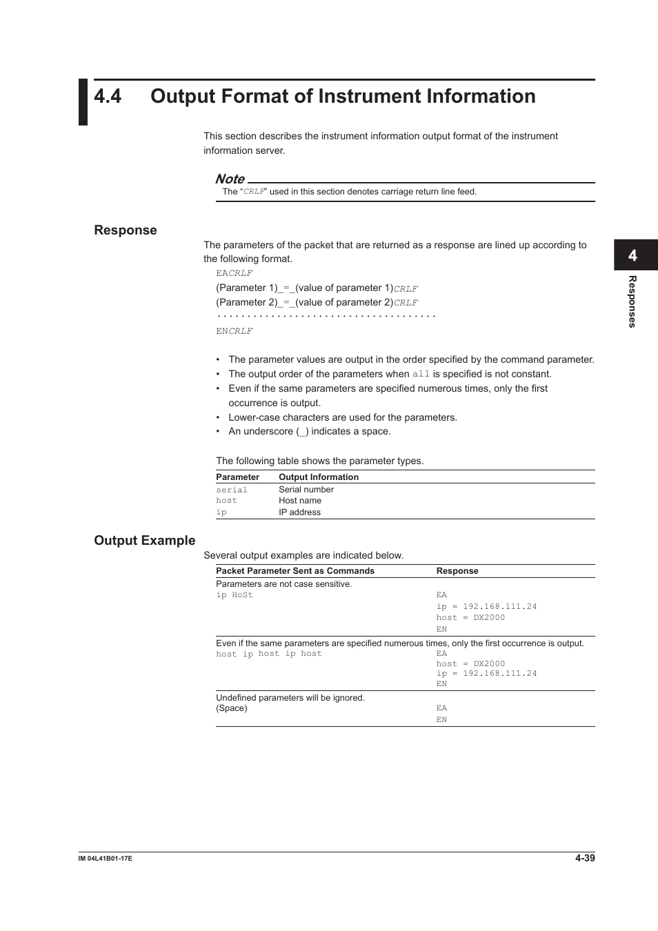 4 output format of instrument information, 4 output format of instrument information -39, App index | Response, Output example | Yokogawa Removable Chassis DX1000N User Manual | Page 223 / 261