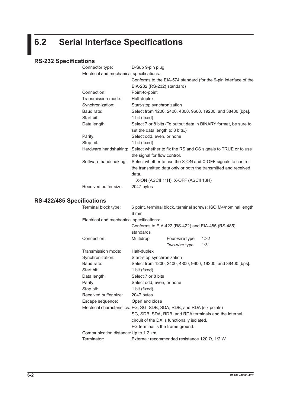 2 serial interface specifications, 2 serial interface specifications -2, Rs-232 specifications | Yokogawa Removable Chassis DX1000N User Manual | Page 228 / 261