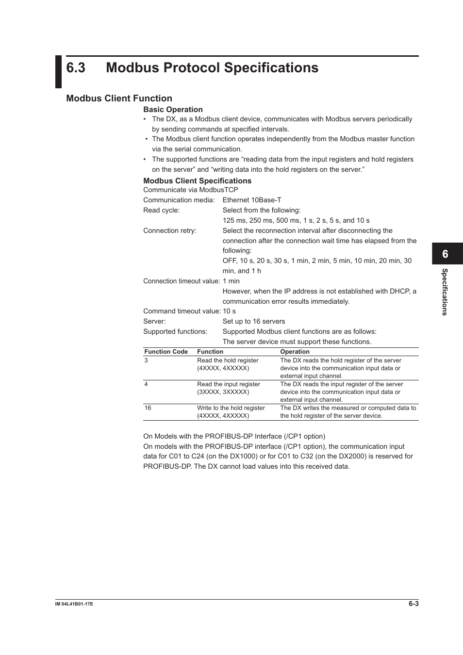 3 modbus protocol specifications, 3 modbus protocol specifications -3, App index | Modbus client function | Yokogawa Removable Chassis DX1000N User Manual | Page 229 / 261